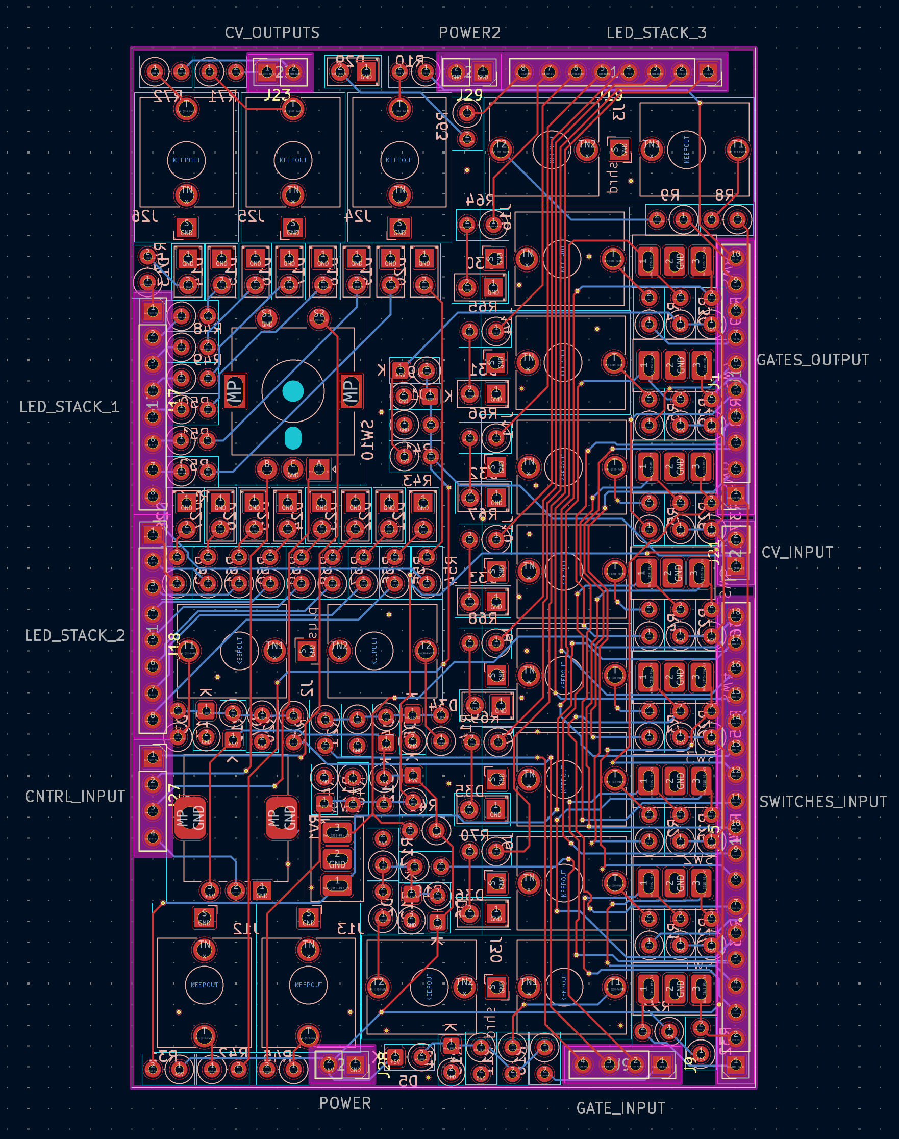 A screenshot of the fully placed and traced PCB in KiCad