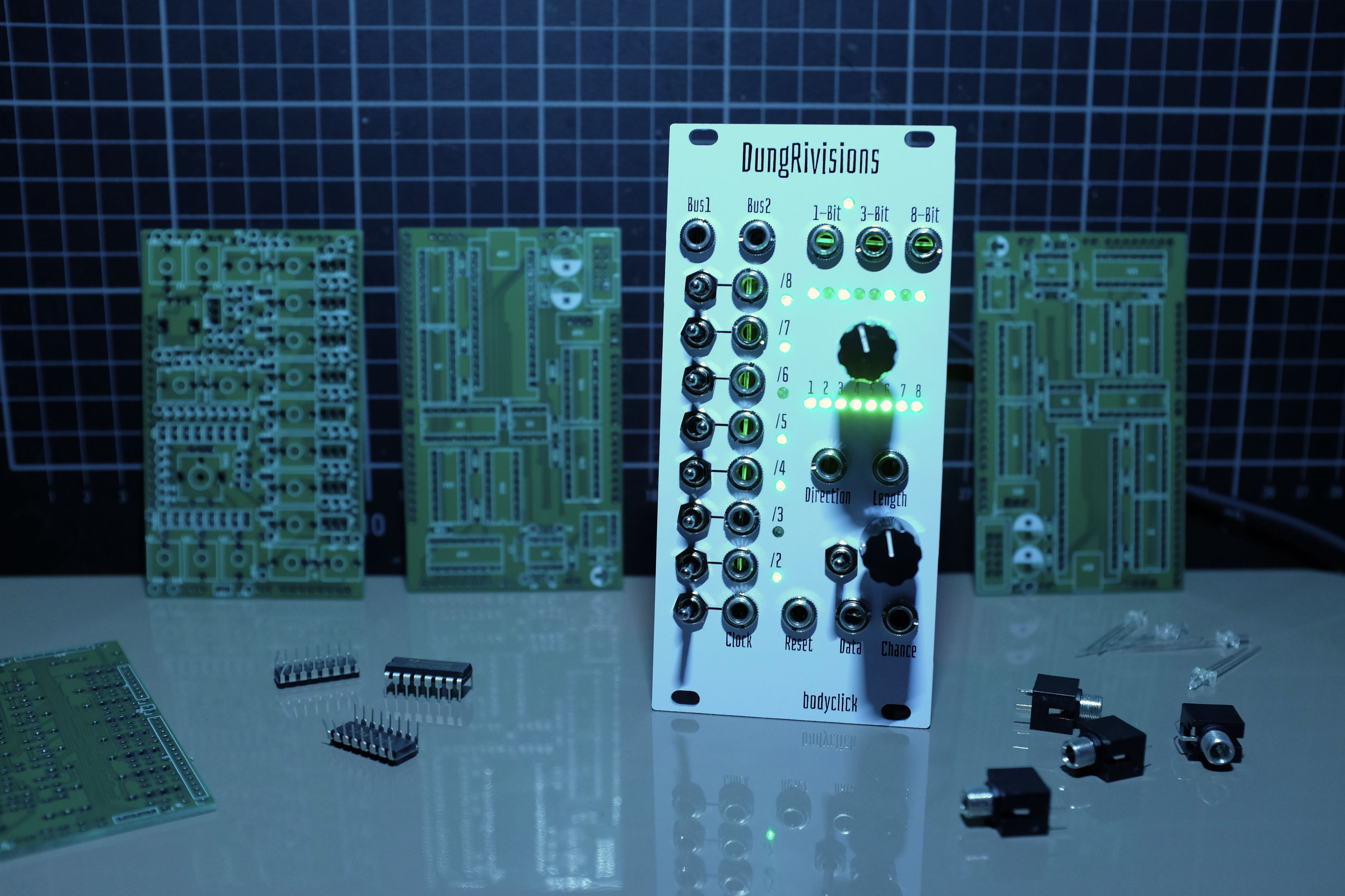Show the full Dung Rivisons module accompanied by spare PCBs, ICs and other parts